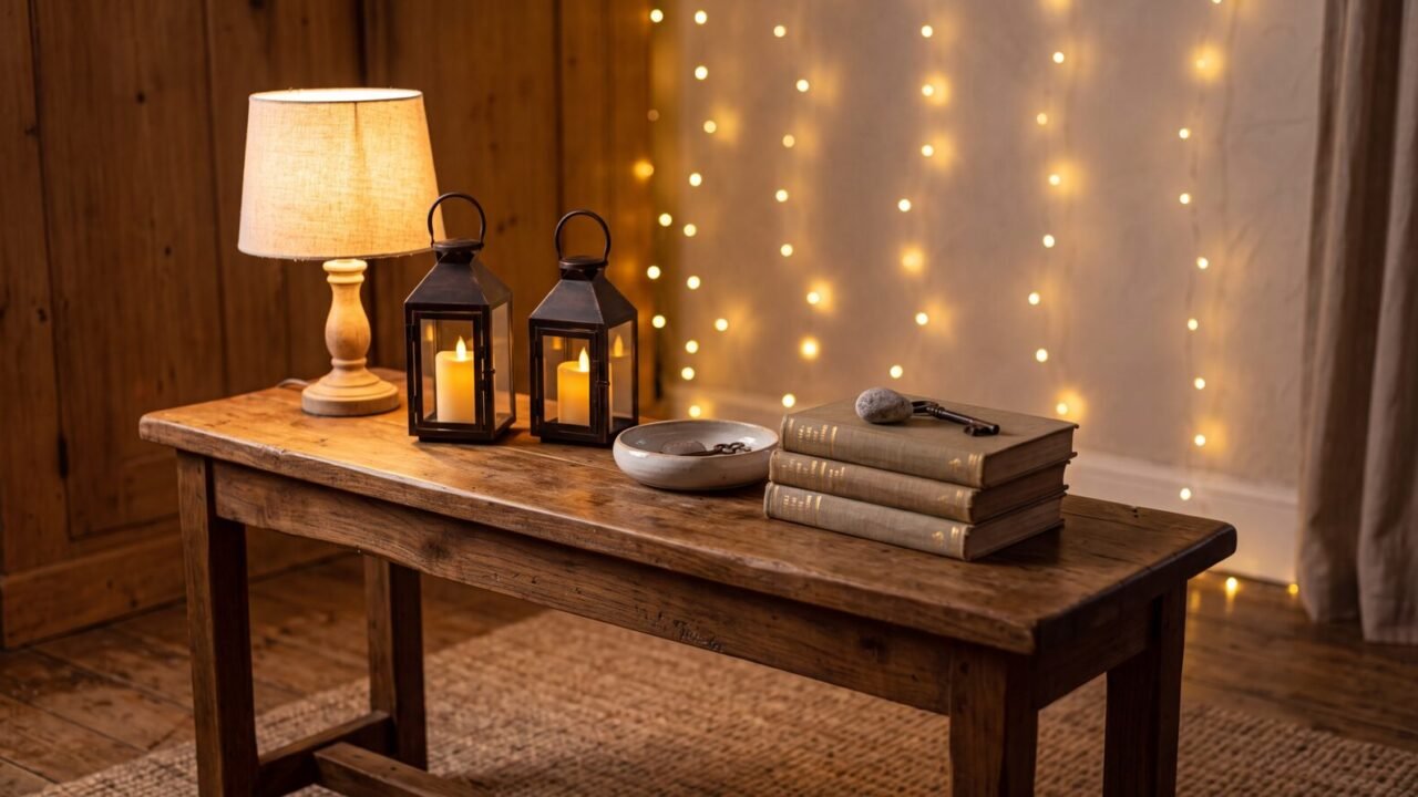 A styled wooden console table glowing with a mix of warm accent lights at dusk, a small table lamp, two candle-like metal lanterns, and soft string-light bokeh behind, warm cream and wood tones, a ceramic dish and a few stacked books, inviting golden ambiance