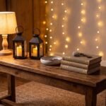 A styled wooden console table glowing with a mix of warm accent lights at dusk, a small table lamp, two candle-like metal lanterns, and soft string-light bokeh behind, warm cream and wood tones, a ceramic dish and a few stacked books, inviting golden ambiance