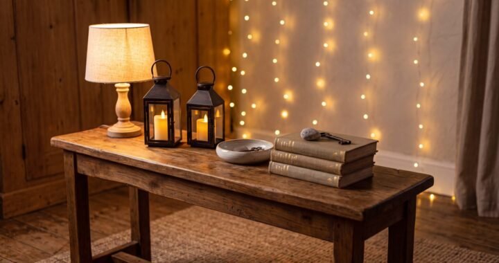 A styled wooden console table glowing with a mix of warm accent lights at dusk, a small table lamp, two candle-like metal lanterns, and soft string-light bokeh behind, warm cream and wood tones, a ceramic dish and a few stacked books, inviting golden ambiance