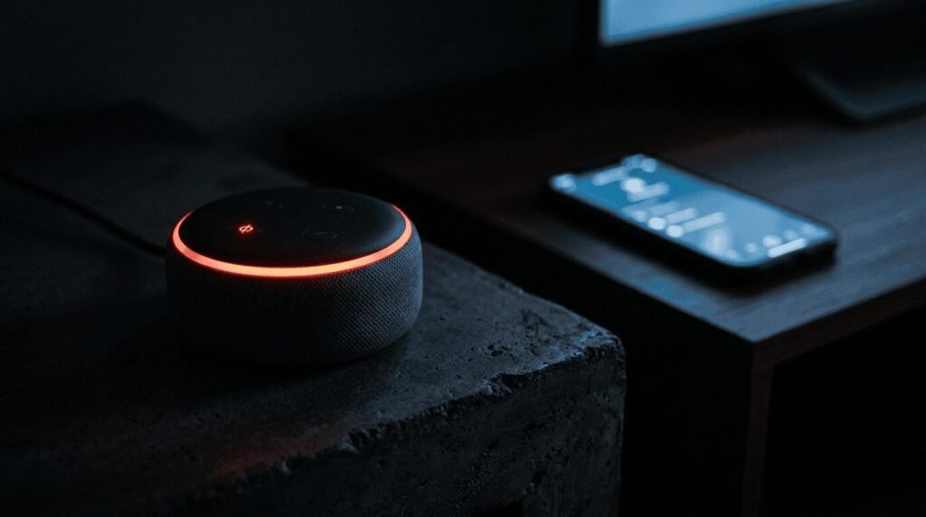 Amazon Echo smart speaker sitting next to a smartphone on a table
