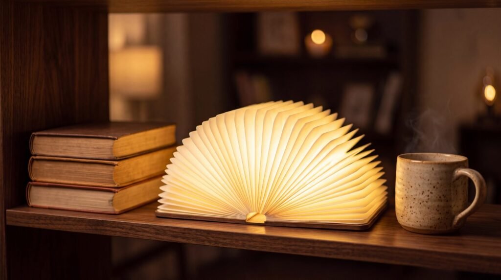 Walnut folding book lamp opened so its pages fan into a warm halo of light on a bookshelf beside stacked books, cordless accent lighting