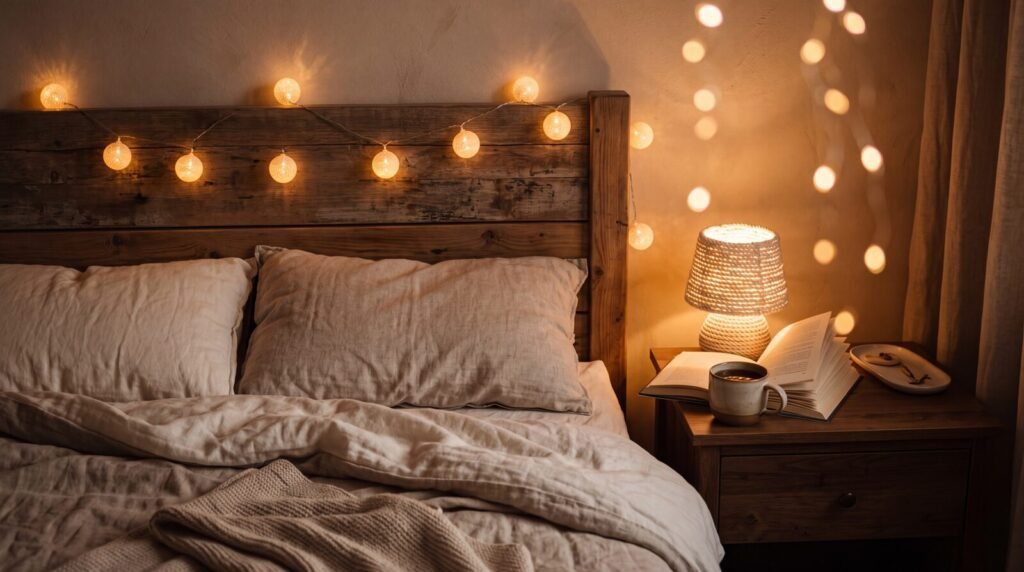 A cozy bedroom at night, warm globe string lights draped along a wooden headboard, a small woven cotton-rope table lamp glowing softly on the nightstand beside an open book and a ceramic mug, soft linen bedding in cream tones, warm ambient glow.