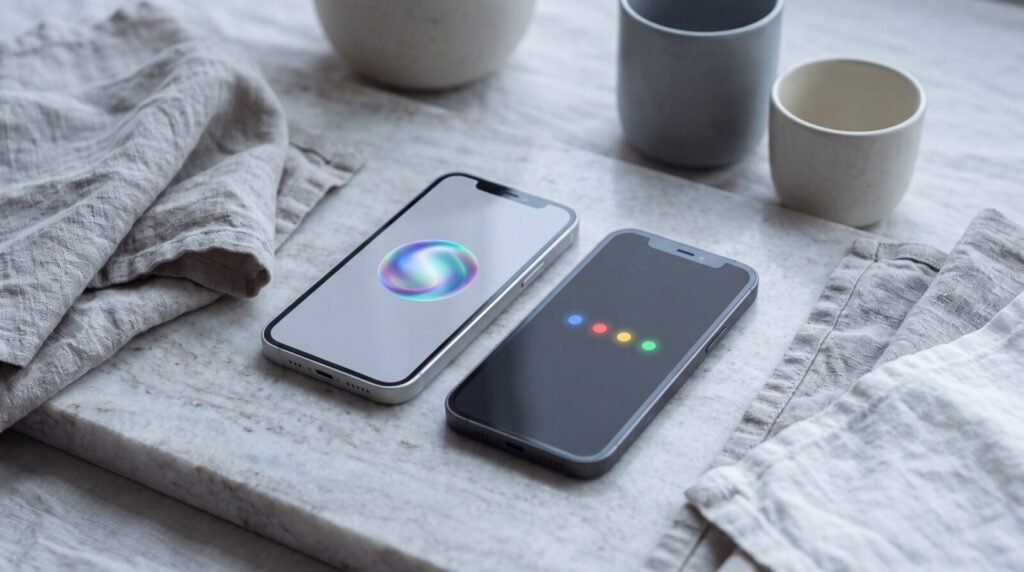 Smartphone showing Google Assistant and Siri voice assistant apps