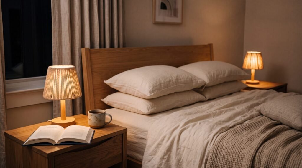 A pair of cordless woven cotton-rope table lamps glowing warmly on nightstands framing a bed, cozy bedroom lighting