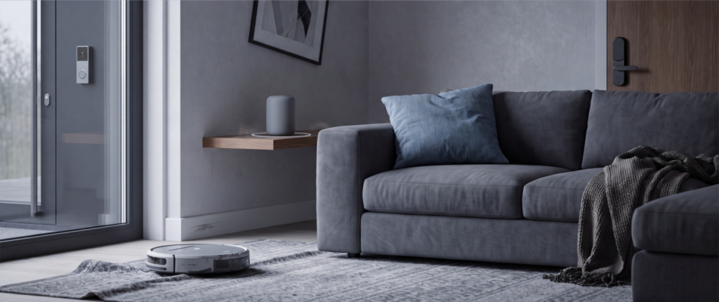 Living room with a robot vacuum, smart speaker, and video doorbell visible through the window
