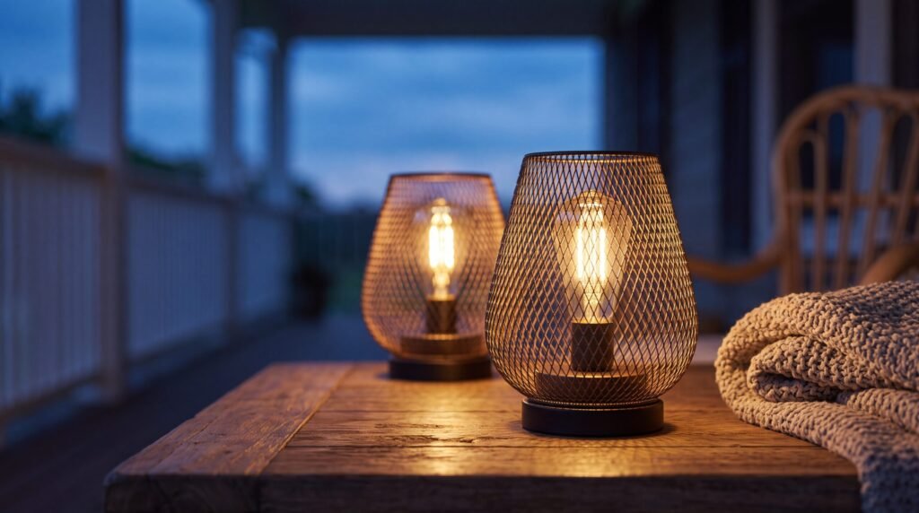 Two flameless metal cage lanterns with a warm candle-like glow on a patio table at dusk, cozy outdoor lighting