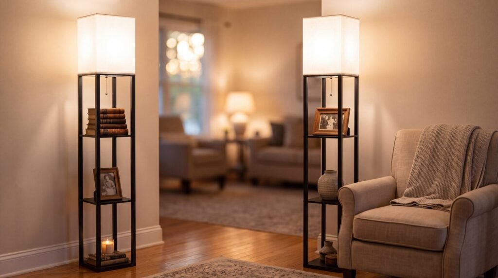 Tall black metal floor lamp with a white linen shade and a four-tier open shelf glowing in a cozy living room corner, styled with books and a framed photo, warm evening lighting