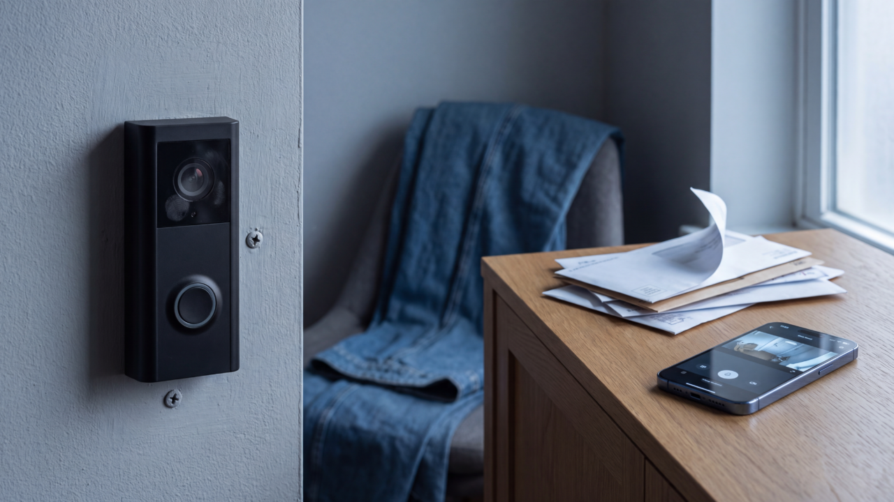Video doorbell mounted beside a front door with a smartphone showing the doorbell app on a table nearby