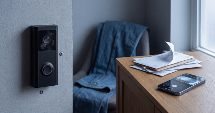 Video doorbell mounted beside a front door with a smartphone showing the doorbell app on a table nearby