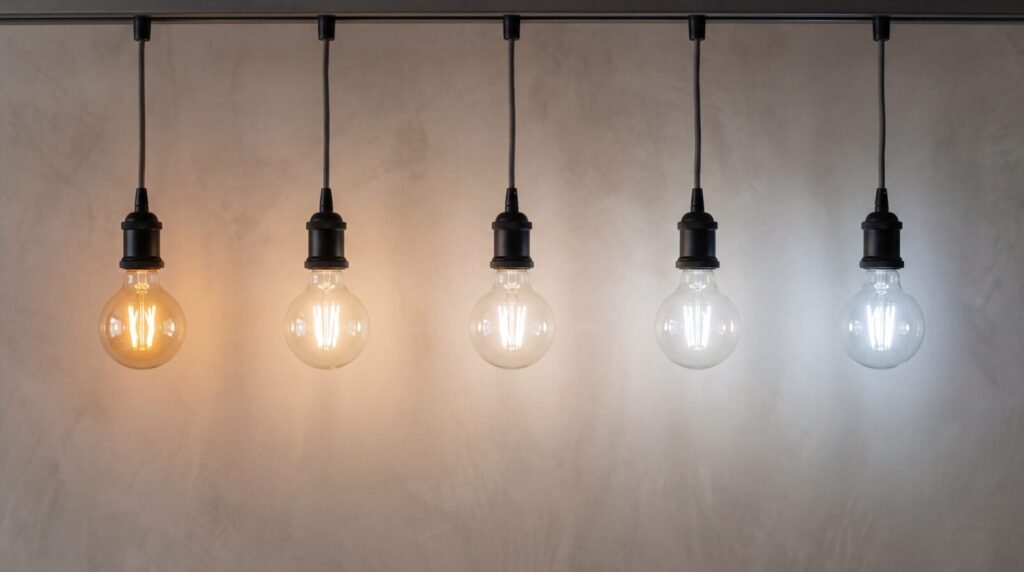 An editorial photograph illustrating color temperature, a row of five identical minimalist pendant light bulbs hanging in a line against a soft neutral warm-grey background, each glowing a different color temperature from warm amber candlelight on the far left, through soft warm white in the middle, to cool bluish daylight white on the far right, clearly showing the Kelvin warm-to-cool spectrum across the row, clean simple balanced composition