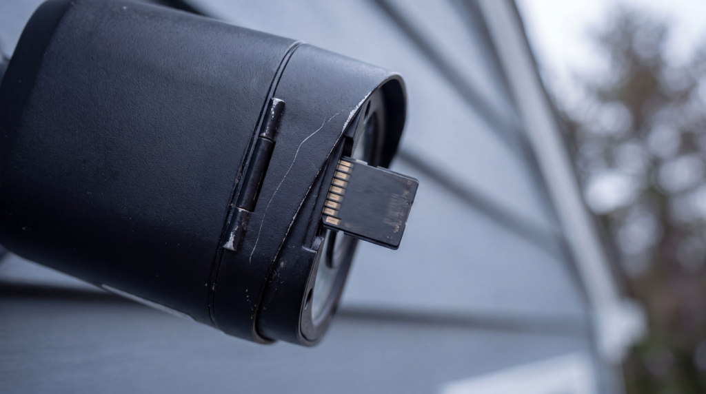 Close-up of an SD memory card being inserted into a security camera's storage slot