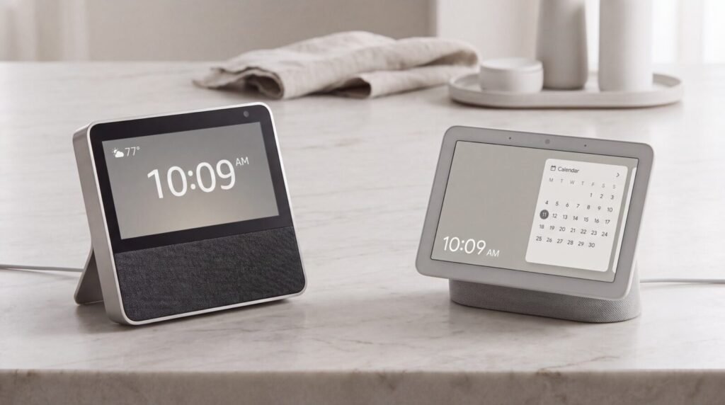 Two smart display voice assistants with screens on a shelf