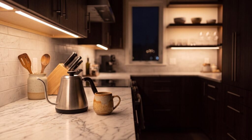 A warm modern kitchen at night, soft under-cabinet lighting glowing down onto a clean marble countertop, a kettle and a ceramic mug on the counter catching the warm light, cabinetry receding into soft shadow, cozy low ambient light.