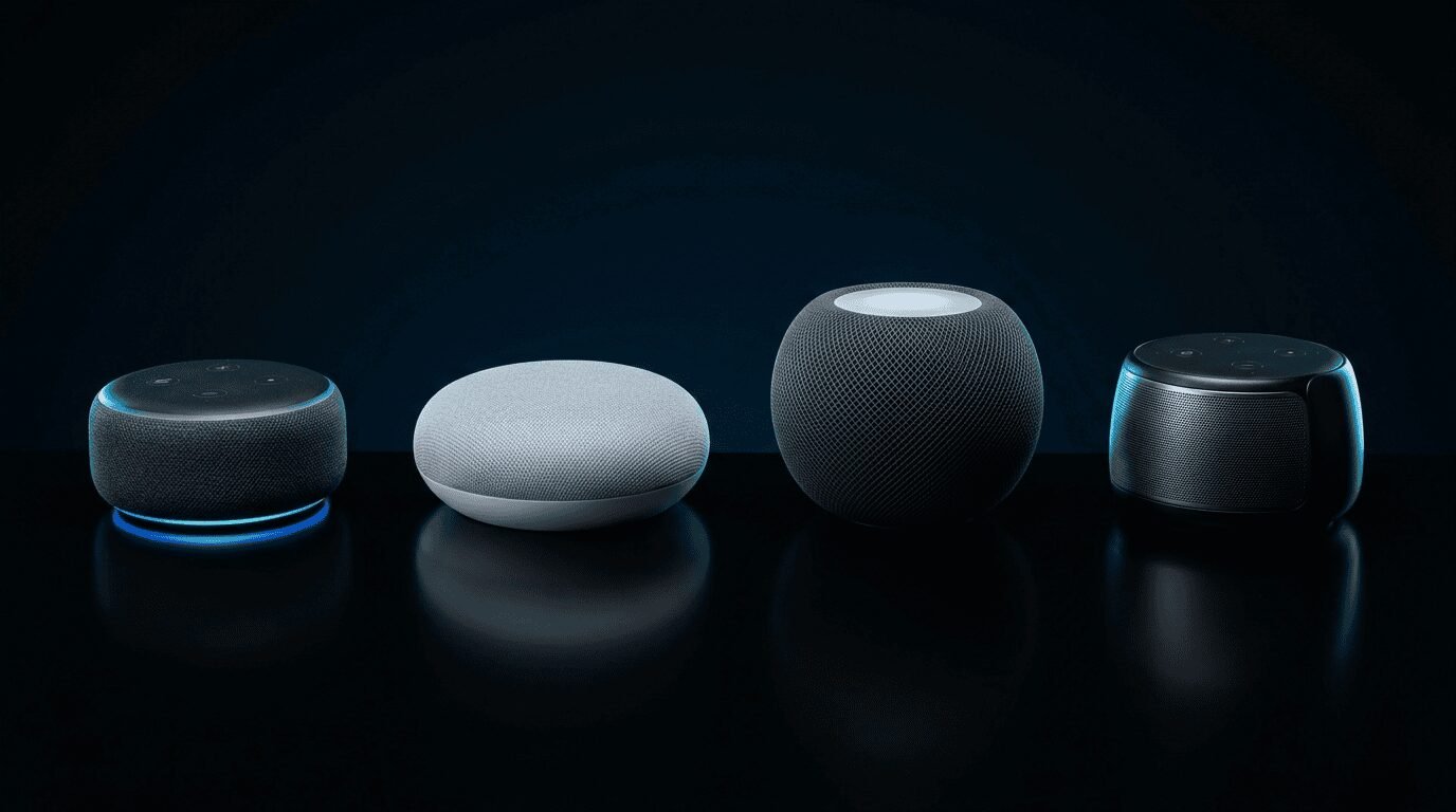 Smart home voice assistant devices grouped together on a countertop