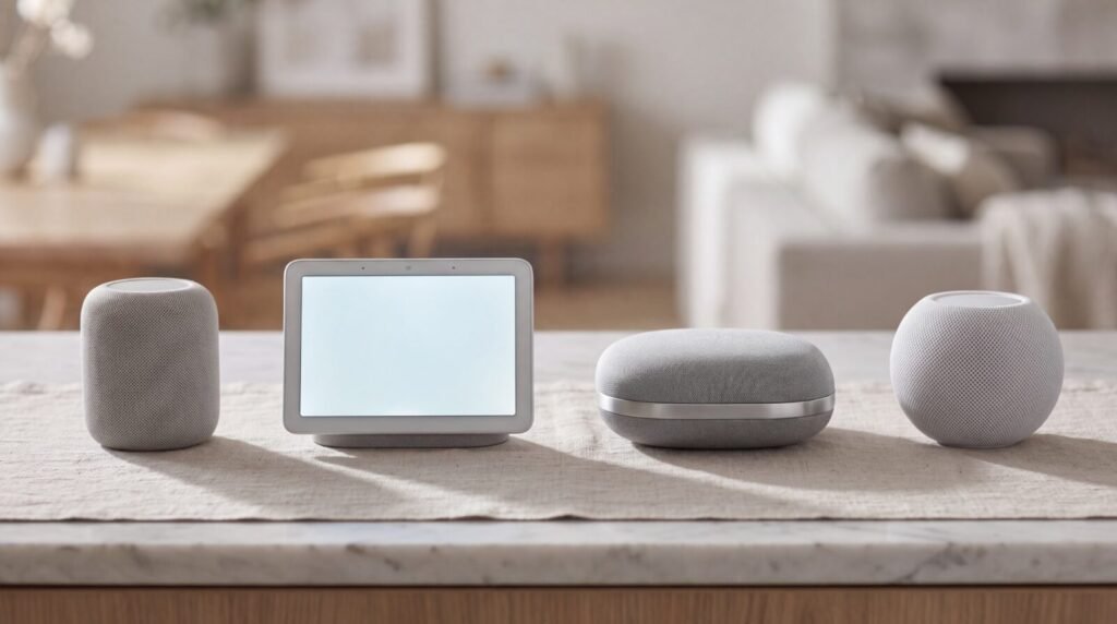 Several voice assistant devices arranged on a kitchen countertop