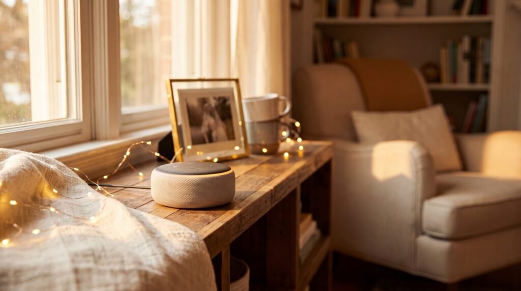 Warm-lit smart speaker voice assistant glowing on a wooden surface