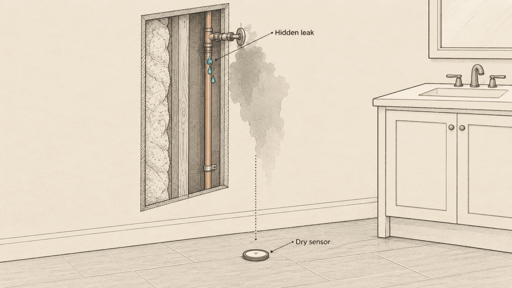Technical cutaway of a bathroom wall with a pipe leaking inside the cavity and staining the drywall, while a sensor on the dry floor below detects nothing.