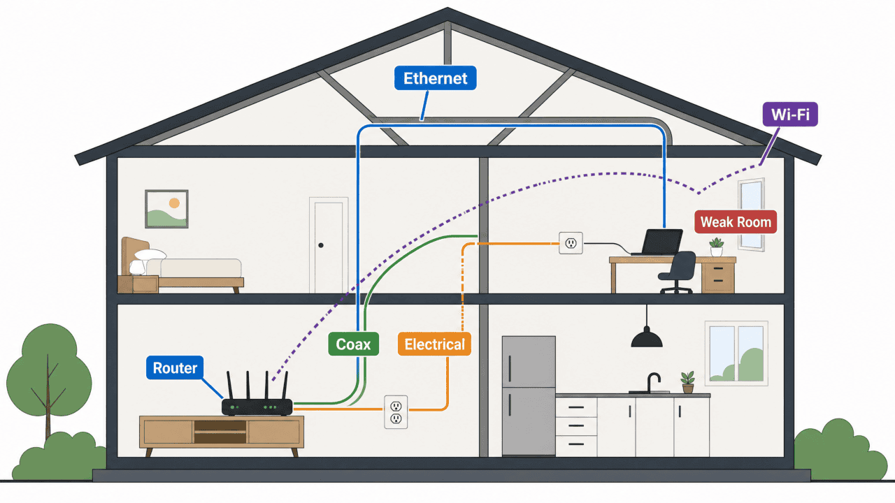 Cutaway of a two-story house showing four routes from the router to an upstairs office: the coax line, the electrical wiring, an Ethernet run through the attic, and a wireless signal through the air.