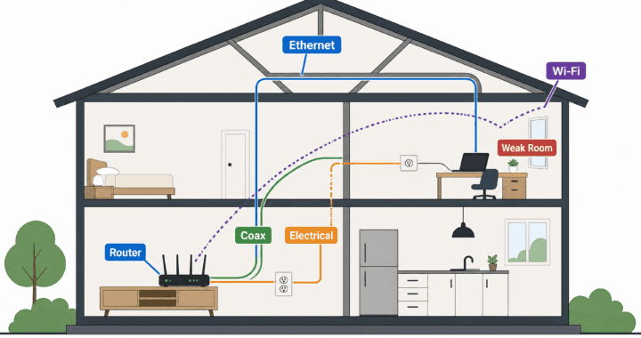 Cutaway of a two-story house showing four routes from the router to an upstairs office: the coax line, the electrical wiring, an Ethernet run through the attic, and a wireless signal through the air.