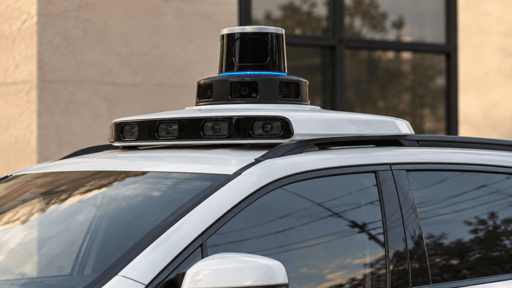 Self-driving car roof with a LiDAR unit sitting on a ring of cameras, and a row of sensor windows along the front of the roof mount.