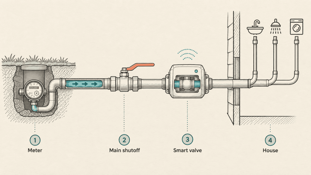 Technical cutaway of a home main water line showing the smart shutoff valve installed after the water meter and main shutoff, before the pipe branches to fixtures.