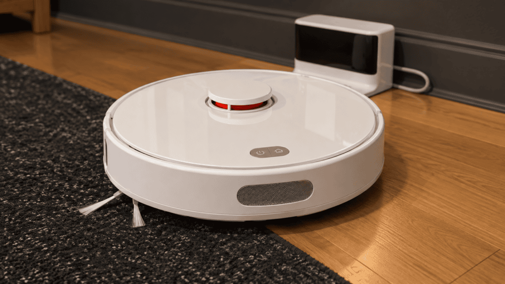 White robot vacuum with a raised LiDAR turret on top, cleaning where a dark rug meets a wood floor, with its charging dock behind it.