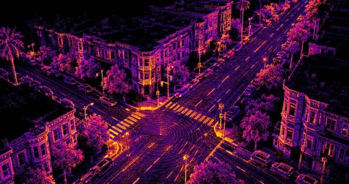 LiDAR point cloud of a city intersection at night, with buildings, trees and crosswalks drawn in glowing purple and orange dots.