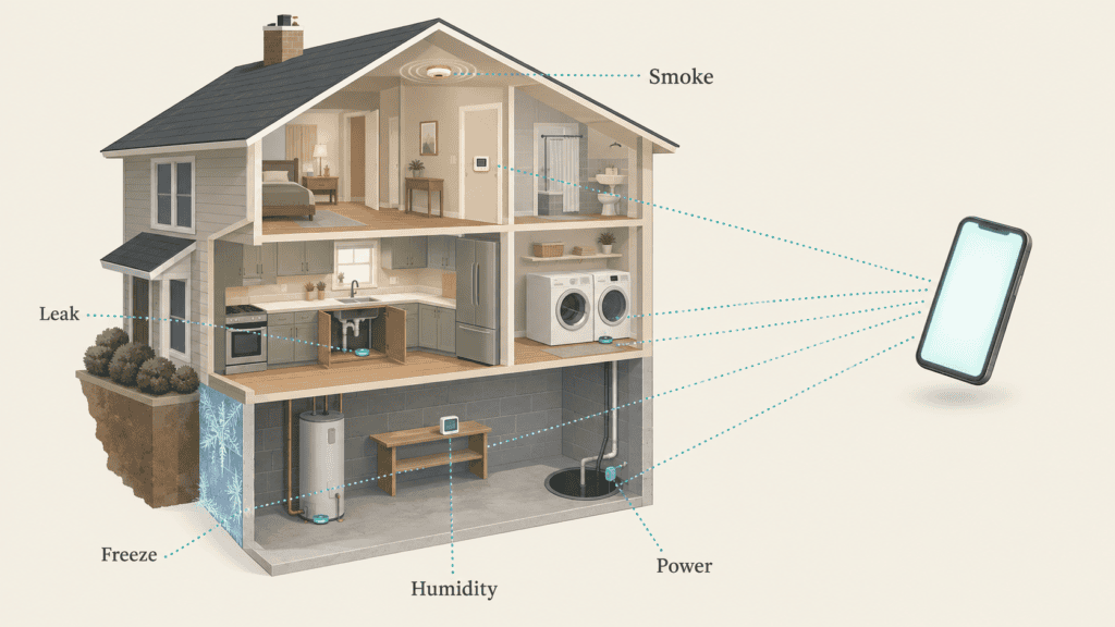 Cutaway of a two-story house showing where to place leak, freeze, humidity, smoke and power sensors, each linked to a phone alert.