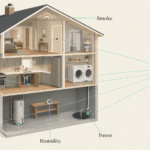 Cutaway of a two-story house showing where to place leak, freeze, humidity, smoke and power sensors, each linked to a phone alert.