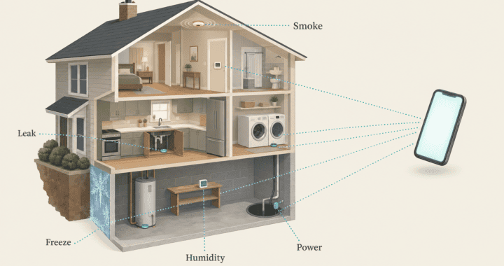 Cutaway of a two-story house showing where to place leak, freeze, humidity, smoke and power sensors, each linked to a phone alert.