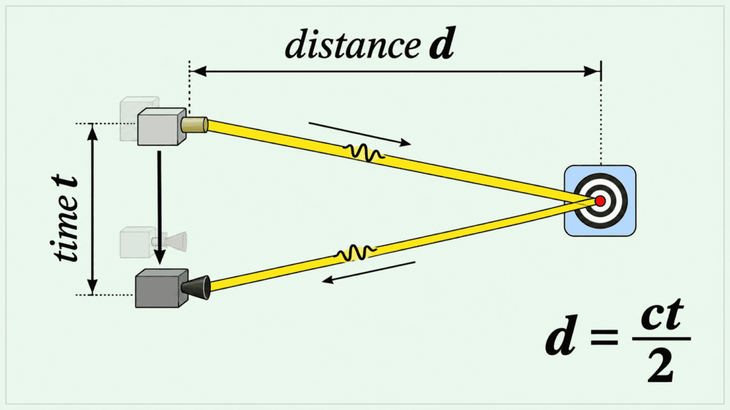 Time of flight diagram showing a sensor sending a laser pulse to a target and timing the echo, with distance equal to the speed of light times the time, divided by two.