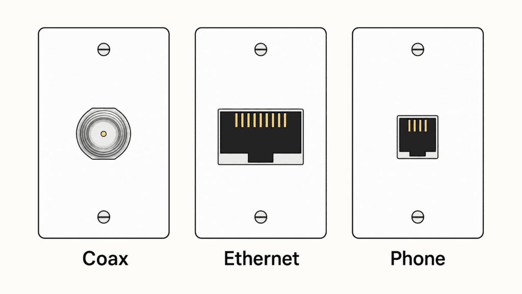 Three wall plates side by side: a round threaded coax jack, a wider rectangular Ethernet port with eight contacts, and a narrower phone jack with four contacts.