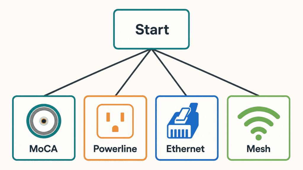Decision chart branching from a start box to four options: MoCA for a coax jack, Powerline for an outlet on the same circuit, Ethernet for a cable run, and Mesh when there is no usable wiring.