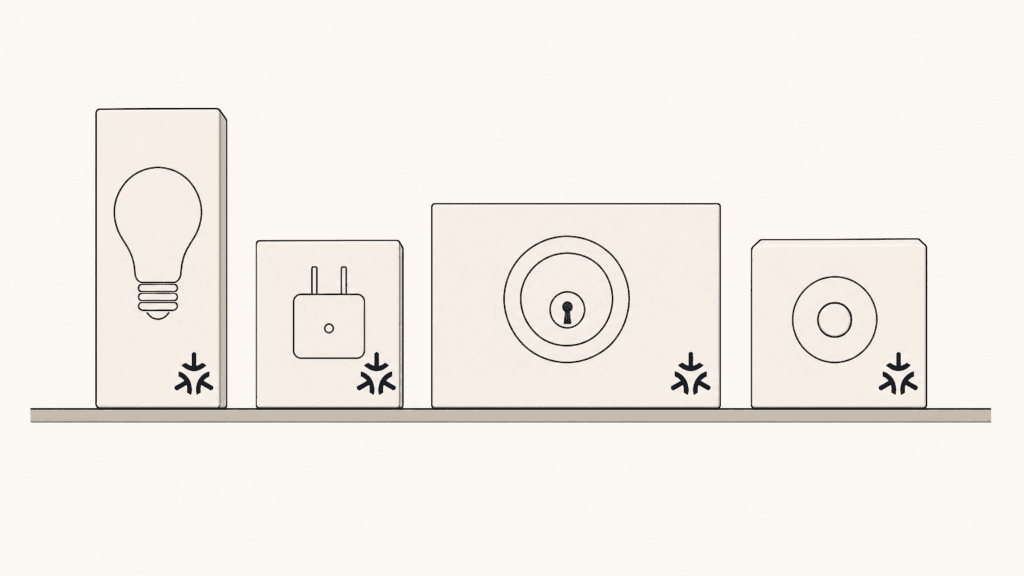A row of four plain unbranded product boxes (bulb, plug, lock, doorbell), each carrying the same small three-arrow mark in the same corner. No labels at all. Answers your headline literally: the logo is the thing that is suddenly everywhere. Holds up at thumbnail size, and the boxes rather than devices is what separates it from the genre default.