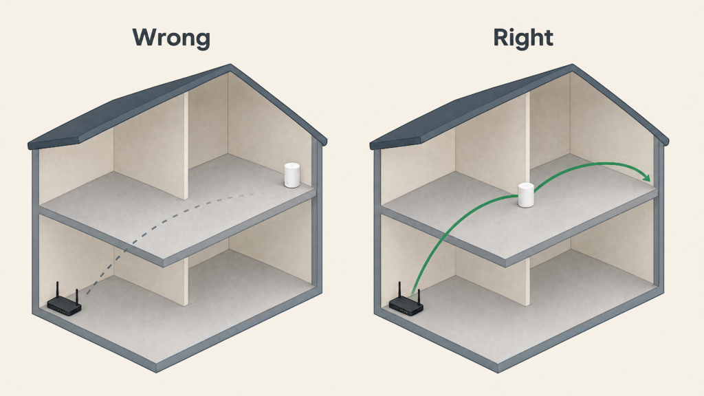 Two house cutaways compared. On the left the mesh node sits in the far room and the signal breaks up before reaching it. On the right the node sits halfway along the house and the signal reaches the far room.