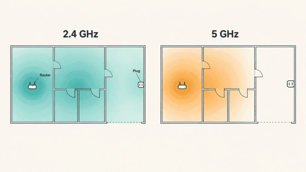 Two floor plans of the same house. On the left, 2.4 GHz coverage in teal fills every room and reaches a smart plug in the garage. On the right, 5 GHz coverage in amber stops at the garage wall.