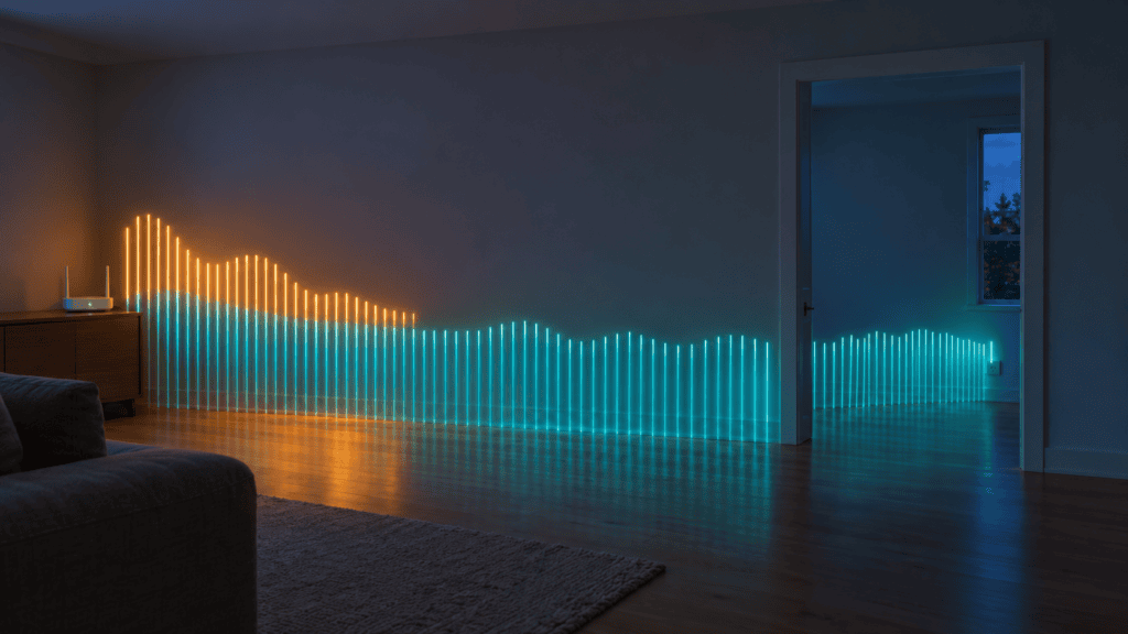 A dim living room at dusk with a router on a console table. A tall amber band of light fades out partway along the wall, and a lower teal band continues through a doorway to a smart plug in the next room, illustrating 2.4 GHz vs 5 GHz range.