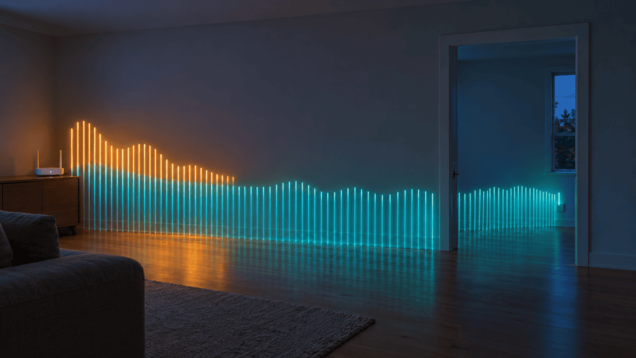 A dim living room at dusk with a router on a console table. A tall amber band of light fades out partway along the wall, and a lower teal band continues through a doorway to a smart plug in the next room, illustrating 2.4 GHz vs 5 GHz range.