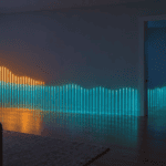 A dim living room at dusk with a router on a console table. A tall amber band of light fades out partway along the wall, and a lower teal band continues through a doorway to a smart plug in the next room, illustrating 2.4 GHz vs 5 GHz range.