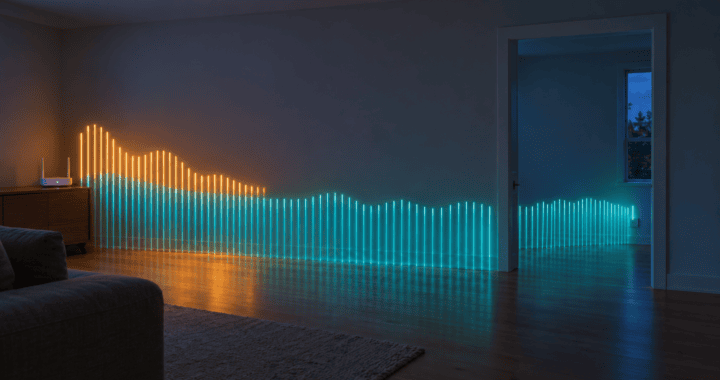 A dim living room at dusk with a router on a console table. A tall amber band of light fades out partway along the wall, and a lower teal band continues through a doorway to a smart plug in the next room, illustrating 2.4 GHz vs 5 GHz range.