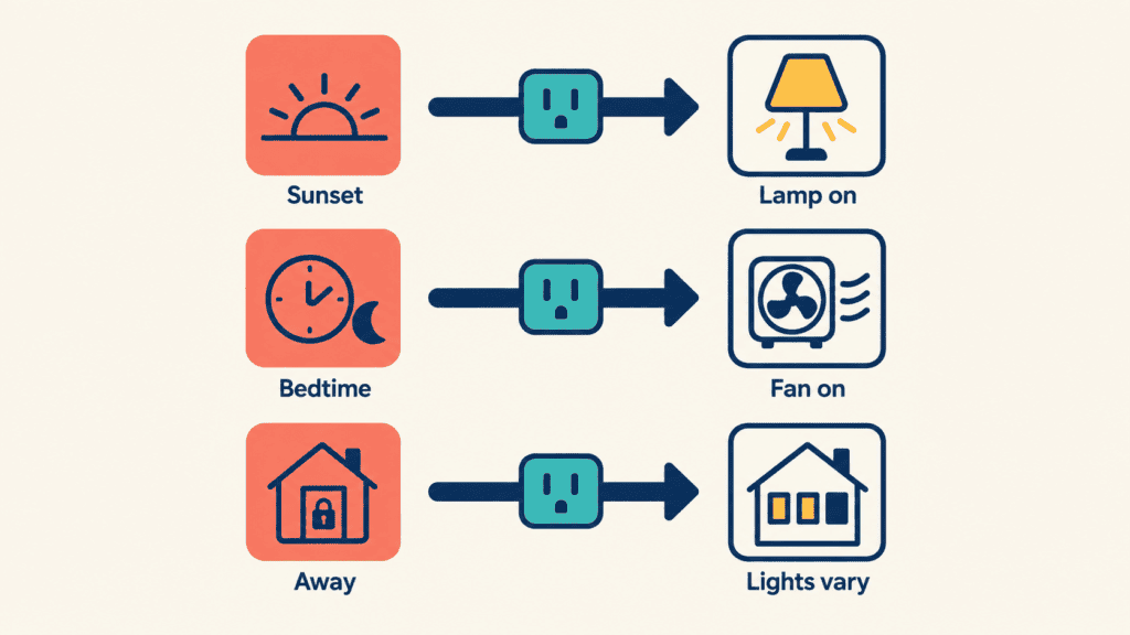 Three rows showing triggers and results: sunset turns a lamp on, bedtime turns a fan on, and away mode varies the lights.