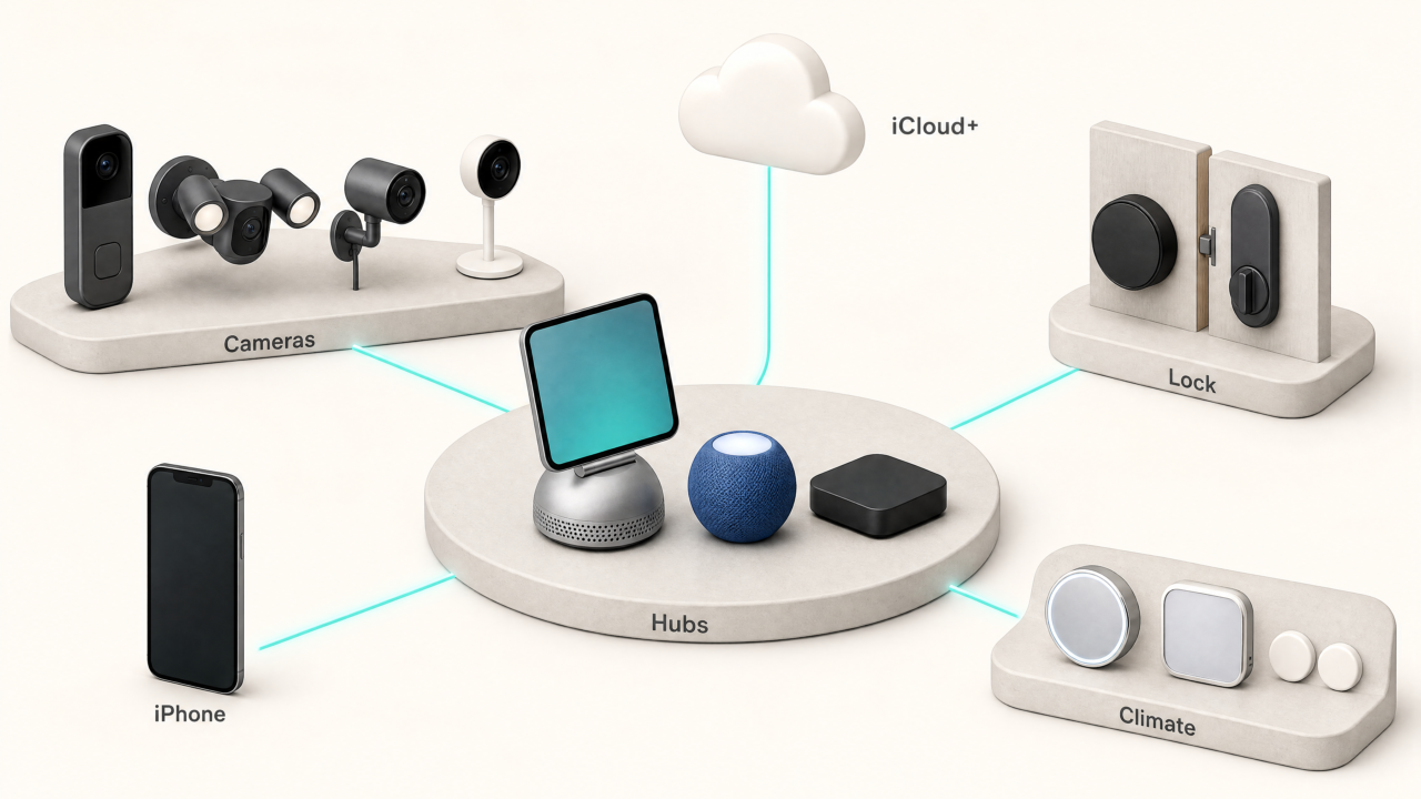 Diagram showing Apple's new cameras, lock and thermostats connecting to a central hub (HomeView, HomePod mini or Apple TV 4K), which connects to your iPhone and iCloud+.