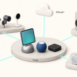 Diagram showing Apple's new cameras, lock and thermostats connecting to a central hub (HomeView, HomePod mini or Apple TV 4K), which connects to your iPhone and iCloud+.