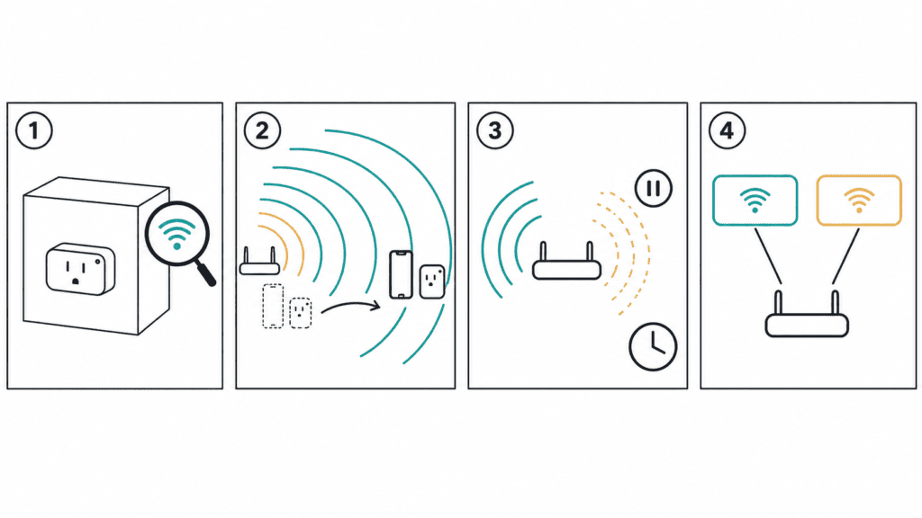 Four numbered panels: checking the product box for its WiFi band, moving the phone and plug away from the router, pausing the 5 GHz band for a short time, and giving each band its own network name.