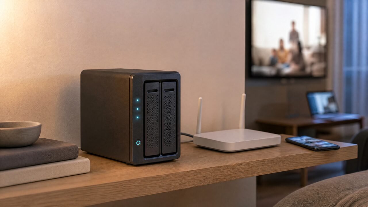 A compact two-bay home NAS with glowing status lights on a living room shelf, wired to a white router, with a smartphone beside it and a TV and laptop in the background.