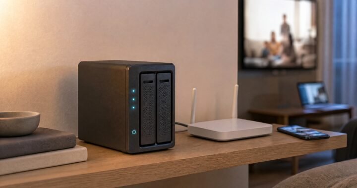 A compact two-bay home NAS with glowing status lights on a living room shelf, wired to a white router, with a smartphone beside it and a TV and laptop in the background.