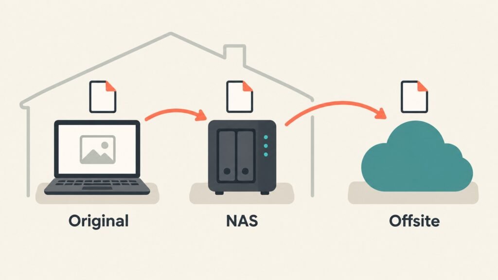 Diagram of the 3-2-1 backup rule: the same file on a laptop and a NAS inside the house, and a third copy in the cloud offsite.