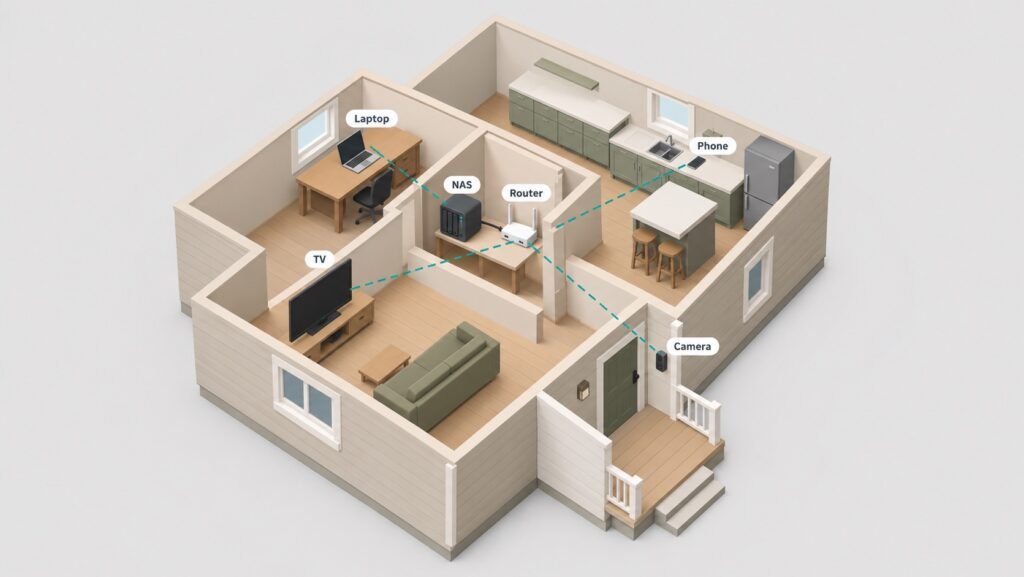 Isometric cutaway of a house with a NAS and router in a hallway closet, with dashed lines linking a TV, laptop, phone and doorbell camera to the network.