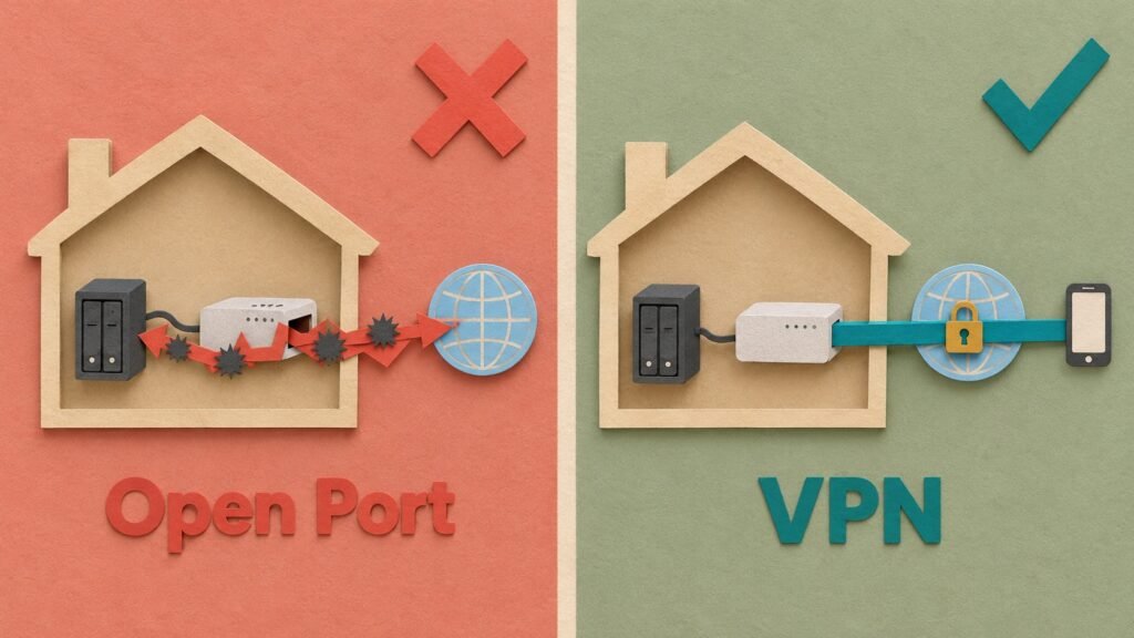 Paper-cut comparison of two houses: on the left, attacks reach a NAS through an open router port; on the right, a phone reaches it through a locked VPN tunnel.