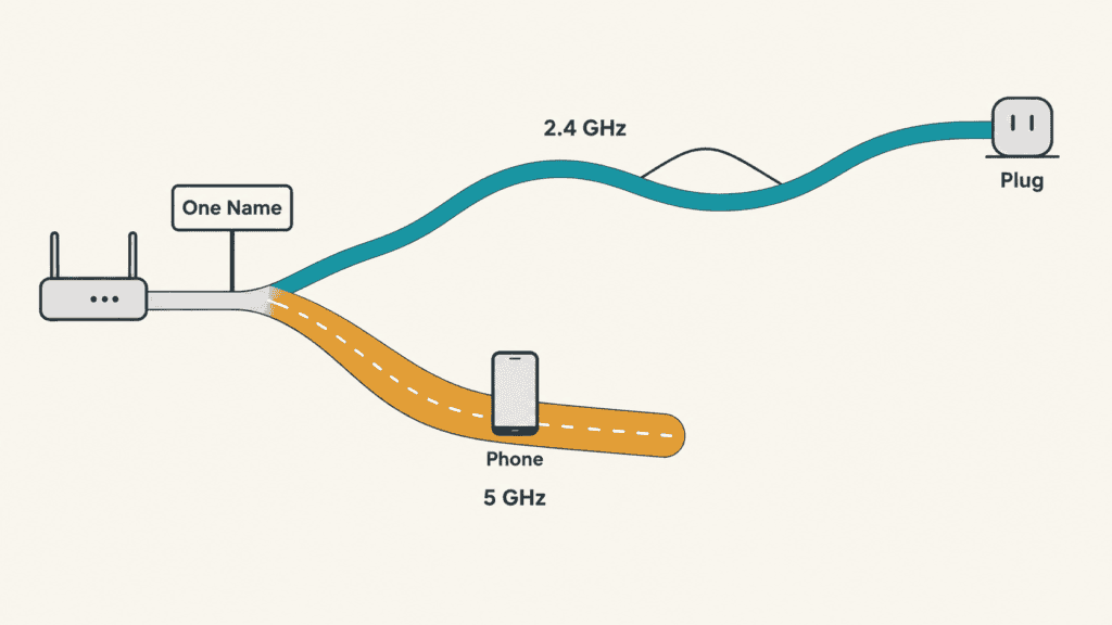 A router beside a sign reading One Name. The road from it forks into a long, narrow teal road labeled 2.4 GHz that ends at a plug, and a short, wide amber road labeled 5 GHz with a phone on it.